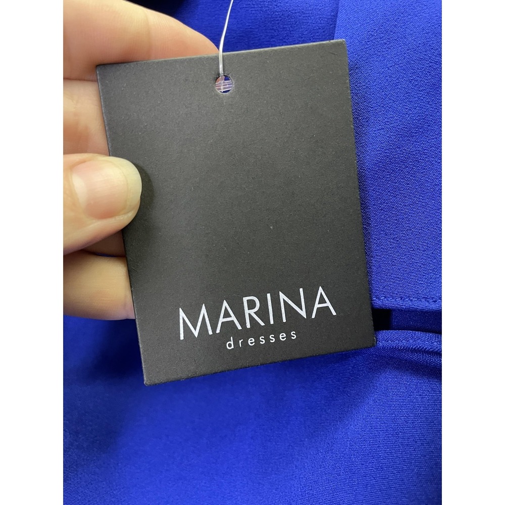 Marina Womens Blue Sheath One Shoulder Ruffle Midi Formal Cocktail Dress 4 - Picture 3 of 10